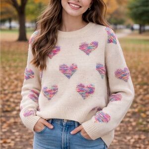SHEIN Cream Sweater with Multicolor Heart Design